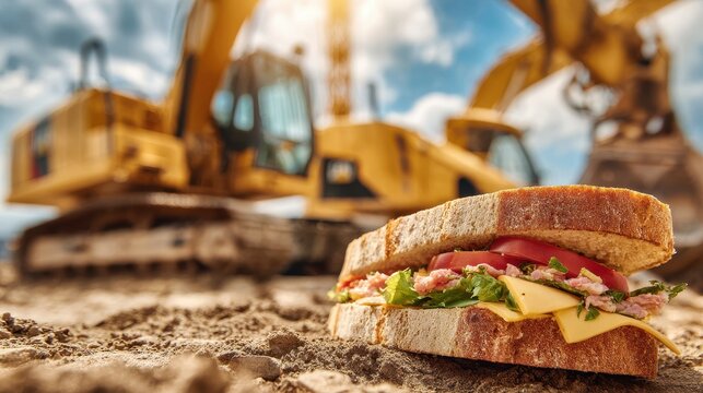 Sandwich enjoys a lunch break on a construction site with heavy machinery in the background
