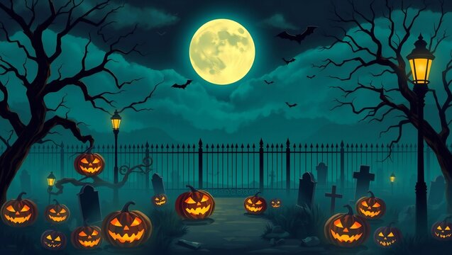 Spooky pixel art halloween graveyard landscape with bright full moon and glowing jack o lanterns