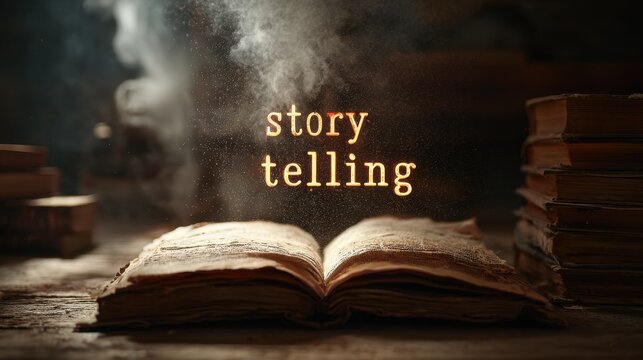 Open book and clapboard display story telling in a creative setting with dust particles