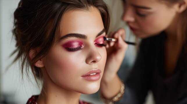 Makeup artist applies bright eye makeup to client in a modern studio setting during a beauty session