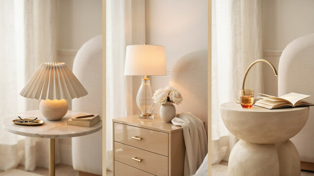Bedroom nightstand triptych with pleated lamp, floral vase, and book on a marble table