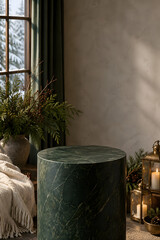 Obraz premium Dark green stone pedestal beside lanterns and a winter window