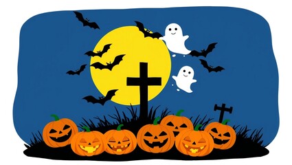 Fototapeta premium Happy halloween scene with cute ghosts bats pumpkins and a cross under a full moon in the night sky