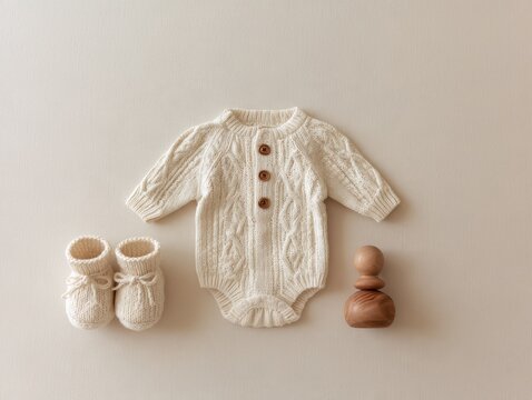 Adorable Baby Knit Outfit Set with Booties and Wooden Toy