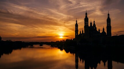 Naklejka premium Stunning golden sunset over the historic basilica reflected in the tranquil river water of a beautiful european city