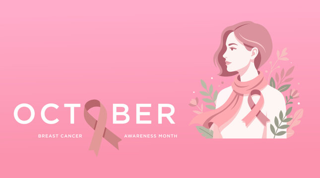 Breast cancer awareness month banner design with pink ribbon symbol and portrait of a woman in flat vector illustration style isolated on pink background