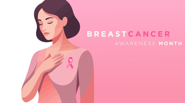 Breast Cancer Awareness Month vector illustration with woman holding her chest and pink ribbon symbol on pink background for medical campaign banner