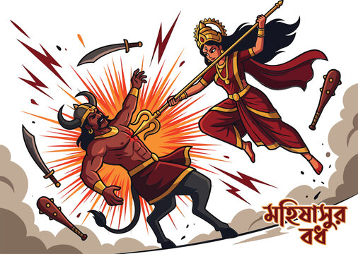 Goddess durga piercing demon mahishasura with trident, of hindu mythology battle