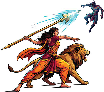 Goddess durga riding a lion and throwing a spear at a demon, hindu mythology