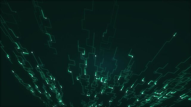 Circuit board traces radiate brilliant green luminosity against a deep charcoal background, illustrating dynamic electronic data transmission with vivid clarity.