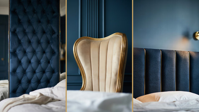 Close up of blue velvet tufted headboard, a cream chair, and a blue upholstered bed frame