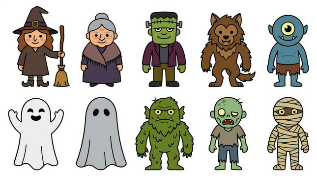 A colorful collection of cute cartoon Halloween characters featuring a witch, ghost, werewolf, and other classic monsters arranged in two horizontal rows