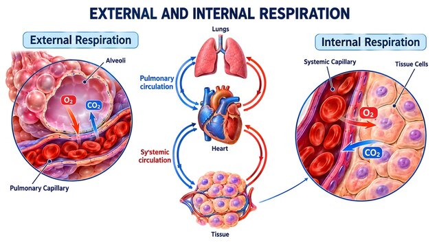 Human External and Internal Respiration Diagram Showing Gas Exchange in Alveoli Systemic Capillary and Tissue Cells