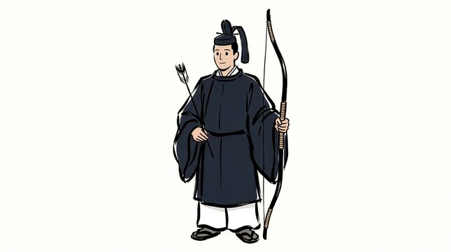 弓と矢を持つ平安時代の装束を着た男性の墨絵風イラスト