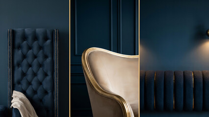 Obraz premium Close up view of dark blue velvet upholstery with tufted buttons and gold trim details
