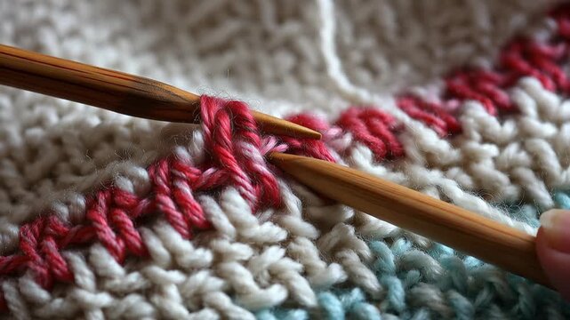 Knitting seed stitch with alternating knit and purl stitches on a fabric piece in a cozy indoor space during the afternoon