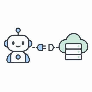 AI robot plugged into a cloud server, system connection and cloud data integration technology concept