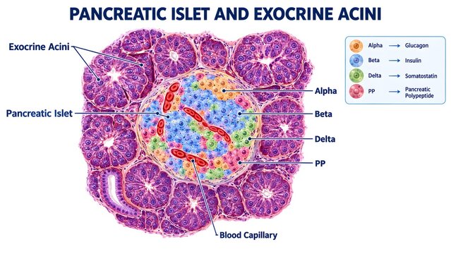 Pancreatic Islet of Langerhans Histology Diagram Showing Alpha Beta Delta and PP Cells with Exocrine Acini Structure