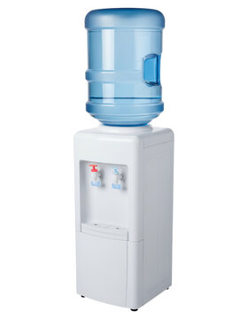 Floor standing white water cooler dispenser with blue jug isolated on transparent