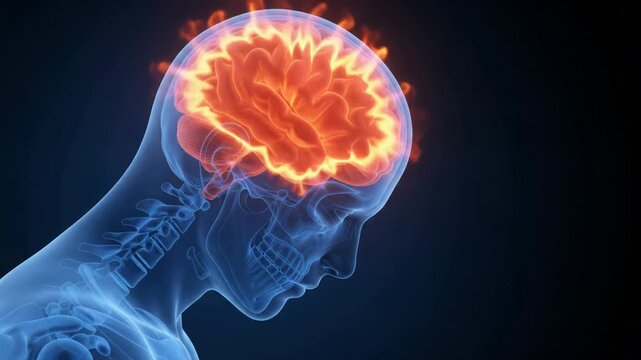 3D medical animation video of a human brain glowing red inside a translucent blue head profile.