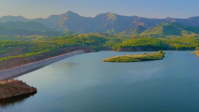 lake in the mountains Palai Dam Charsadda District Khyber Pakhtoon Khwa, Pakistan Northern Area, Nature Greenery Forest Trees Water Boats, Beautiful mini Island Autumn Season Spells-way  