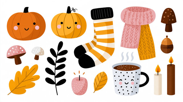 Cozy autumn collection featuring smiling pumpkins, striped wool sock, knitted scarf, mushrooms, leaves, candles, steaming mug, and seasonal illustrations on white background