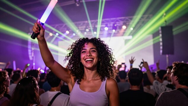 Joyful Young Woman with Curly Hair Dancing at Outdoor Music Festival, Raising Glowing Light Stick in Crowd During Nighttime Concert with Colorful Stage Lighting and Vibrant Atmosphere