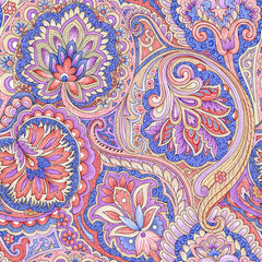 Seamless repeating pattern with paisley motifs placed at different angles, balanced by smaller floral elements and filler © Venkatsai