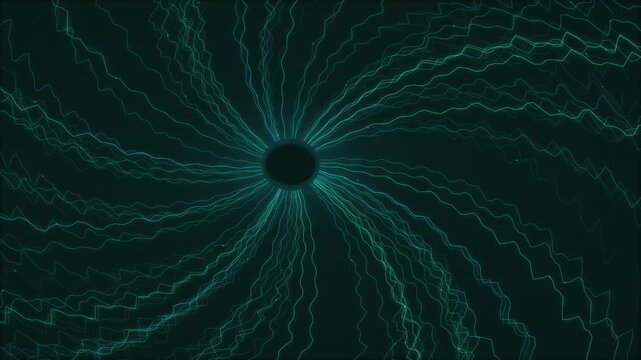 Mysterious emerald green vortex of jagged electrical threads swirling inward toward a dark central abyss.