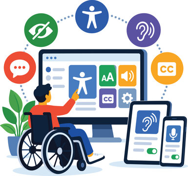 Inclusive digital accessibility interface with assistive technology controls for mobility, hearing, vision, captions, and communication.