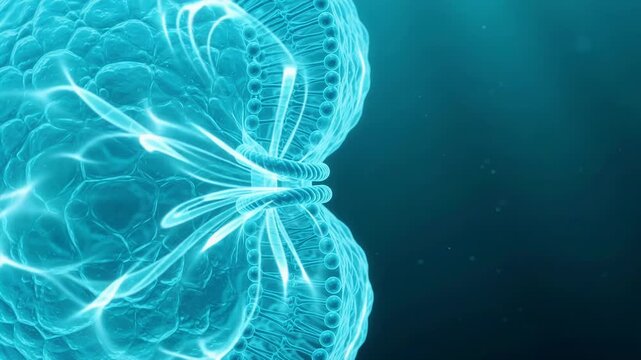3D animation of a cell membrane showing the lipid bilayer structure in a blue scientific environment.