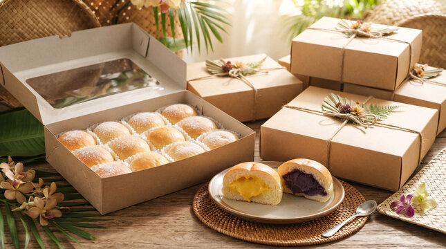 Gift boxes of freshly baked filled buns arranged with tropical flowers, woven decor, kraft packaging, and twine.