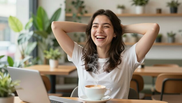 Happy Young Woman Relaxing with Coffee and Laptop in a Bright Modern Cafe, Joyful Female Professional Taking a Break and Feeling Successful in a Cozy Indoor Setting with Plants