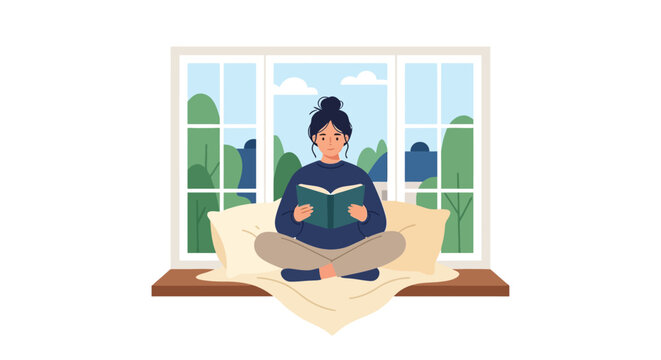 Woman reading a book near a window vector illustration on white background