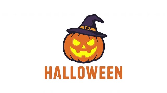 A cute cartoon jack-o-lantern pumpkin wearing a witch hat for Halloween celebration.