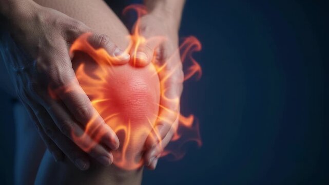 Close-up video of a person holding their painful knee with a glowing animation indicating inflammation and joint injury.