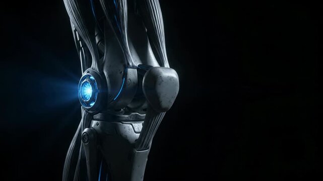 Futuristic robotic leg with glowing blue energy core and synthetic muscle fibers against a dark background