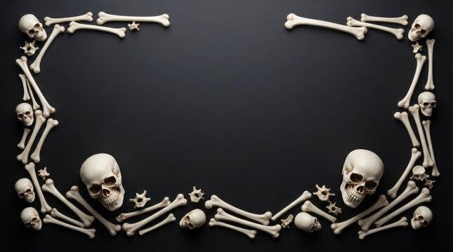 Human skeleton bones and skulls arranged in decorative frame