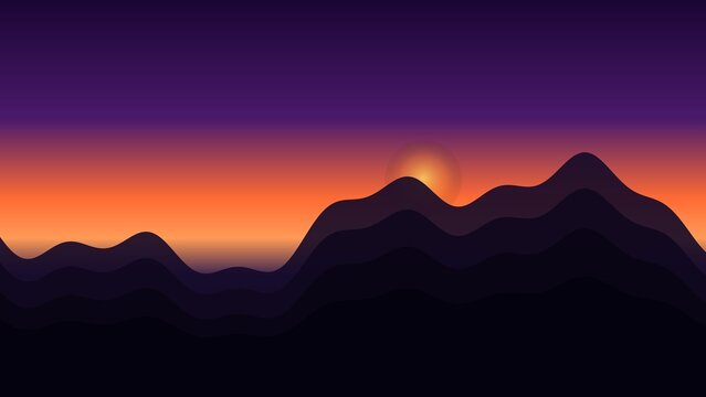 Silhouette of rolling mountain ranges against a vibrant sunset sky with gradient colors of deep purple, orange, and dark blue horizon lines