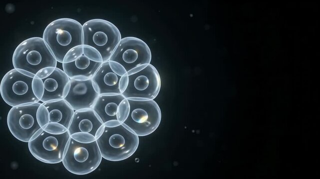 Microscopic view of biological cell division and reproduction process in 3D animation.