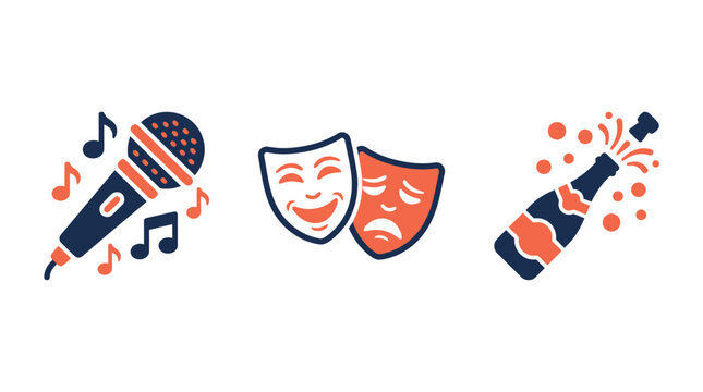 Entertainment and party icon set vector illustration. Features microphone with music notes, comedy and tragedy theater masks, and popping champagne bottle. Flat design elements for event planning