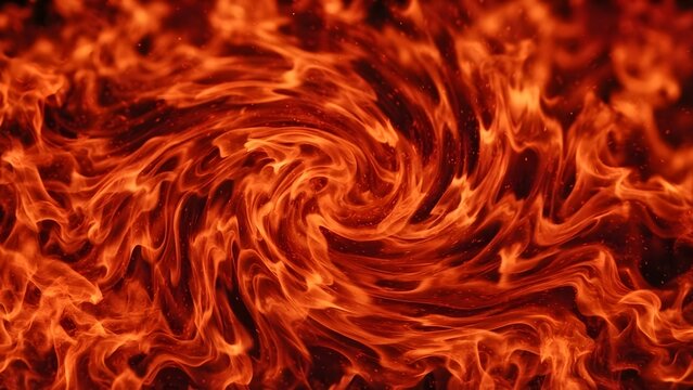 A full-frame, detailed photograph of swirling orange and yellow flames creating a fiery vortex pattern background