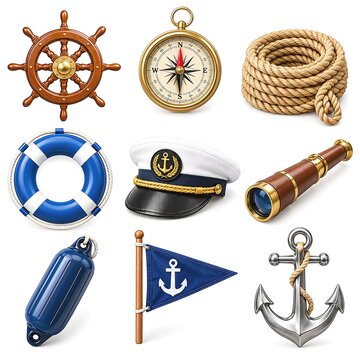 Nautical vintage icons set with 9 maritime elements, realistic ship equipment collection, sea travel and sailing navigation tools on white background