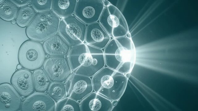 Microscopic video of cellular division and development within a biological structure against a blue background.