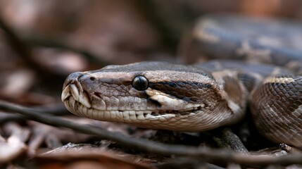 Obraz premium Close up of a python s head with detailed scales and focused eye resting among dry leaves and twigs in natural habitat