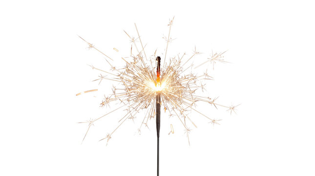 Glowing sparkler with golden sparks, festive holiday firework for celebration, bright burning sparkler stick for birthday and new year party isolated PNG with Transparent Background