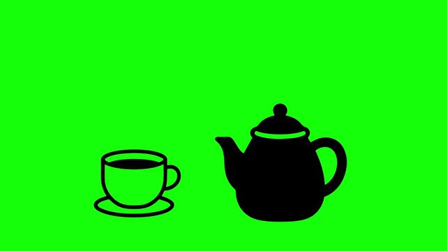 Black silhouette of a teapot and a tea cup on a bright green background.
