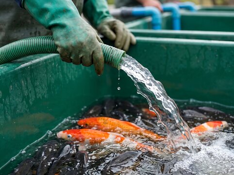 Hands in protective gloves using a water hose to clean koi fish in a large green tank with fish farming pond maintenance fish care aquatic life water spray water jet
