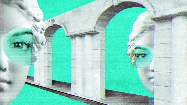 Surreal crazy GIF animation. Stop motion art concept with statue head and woman face. Funky video.