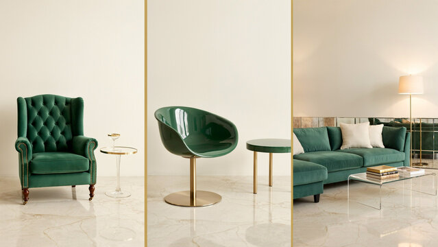 Green velvet armchair, modern green chair, and green velvet sofa in a bright interior space